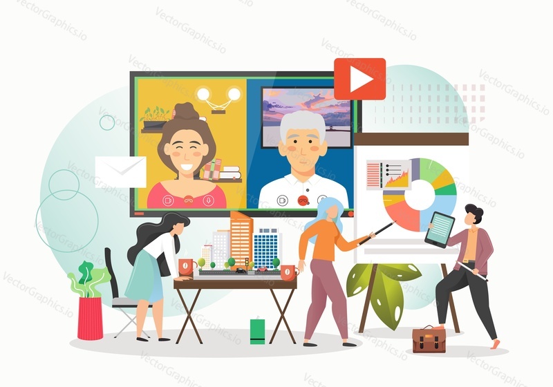 Business team working on city planning project, vector concept illustration. Online business conference, meeting, video conferencing, presentation, team work.
