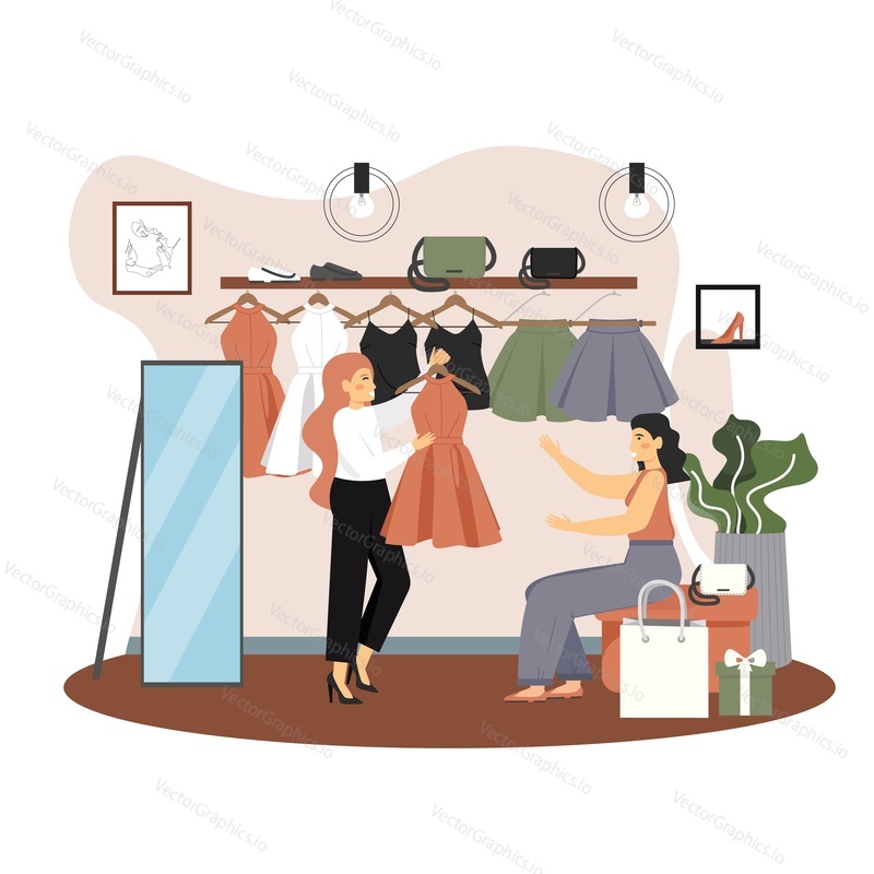 Young woman shopping for clothes in fashion boutique, vector flat illustration. Women clothing store interior with dresses, skirts, bags, shoes on sale, saleswoman proposing red dress for customer.