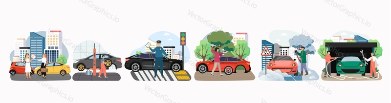 Road traffic accident set, flat vector illustration. Car crash, flat tire, car wash and repair service, getting vehicle out of snow. Male, female characters, drivers, policeman, technicians, mechanics