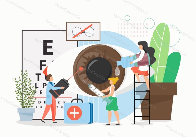 Doctor oculist eye check up. Ophthalmologist eyesight examination, vision test and correction, vector flat illustration. Eye health, Ophthalmology medicine concept.