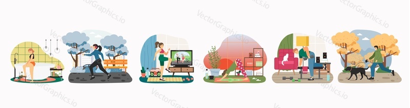 Stay home in quarantine scene set, flat vector illustration. People walking with dog, running in the park, doing yoga, spa procedures, sport exercises during quarantine. Sport, home fitness, leisure.