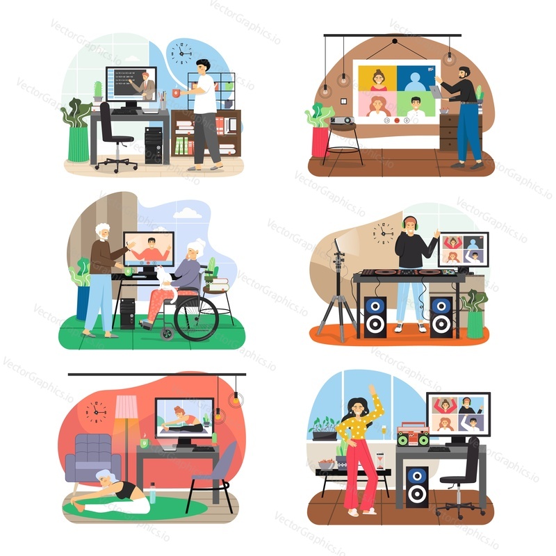 Stay home scene set, flat vector isolated illustration. People working remotely, communicating, dancing using video conference technologies, doing yoga, studying with online teacher in quarantine.