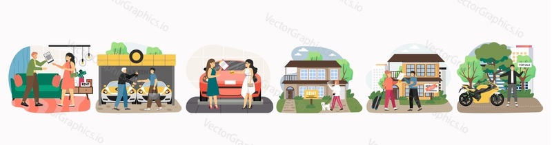Agents, dealers and clients buying or renting new house, car, motorcycle, cartoon characters set, flat vector illustration. Car rental, home, property sale and purchase, real estate agency service.