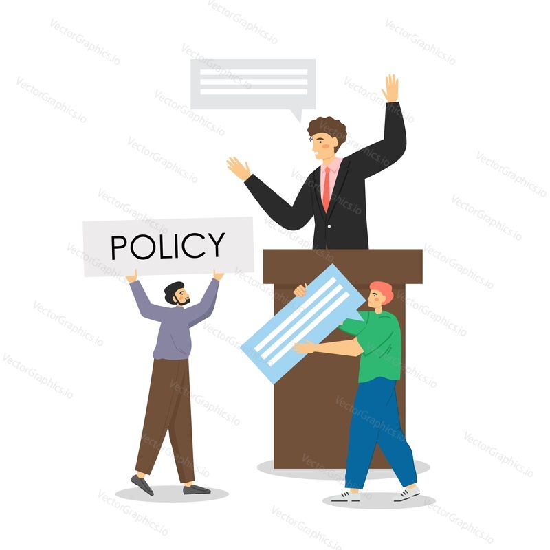 Politician, political candidate, orator giving speech while standing behind rostrum, vector flat illustration. Public, election policy speech, meeting with voters, press conference, interview etc.