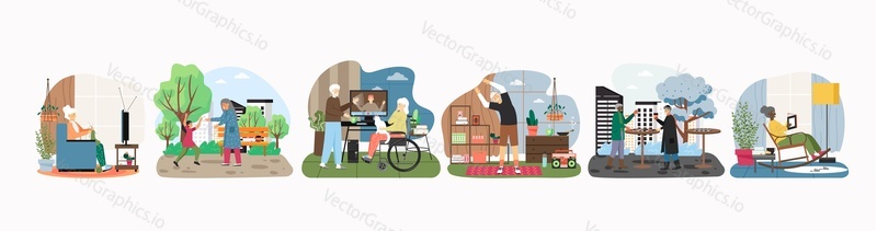 Elderly people leisure activity set, flat vector illustration. Senior men women knitting, playing checkers, watching tv, meeting with granddaughter, exercising, reading book, talking with adult son.