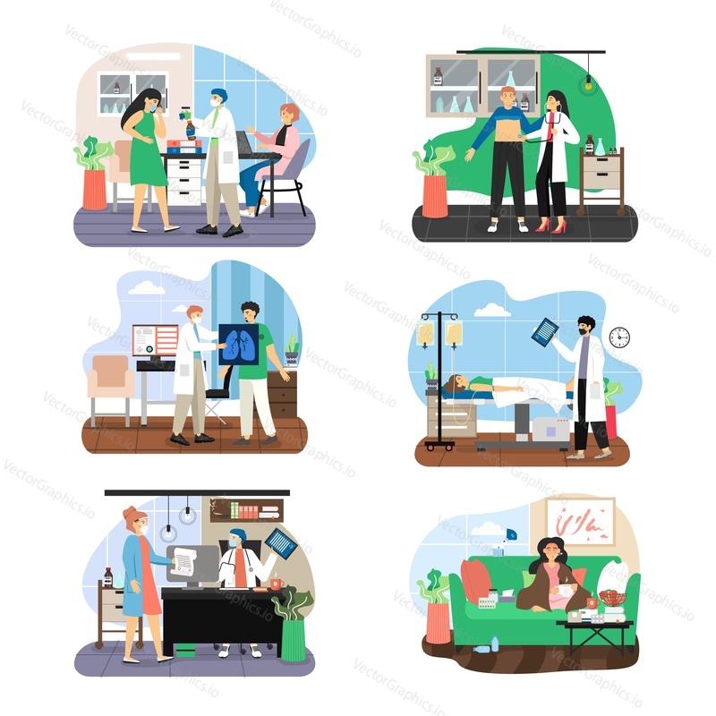 Doctor and patient, male, female cartoon character set, flat vector illustration. Doctors examining, treating sick people suffering from respiratory diseases caused by viruses. Medicine and healthcare