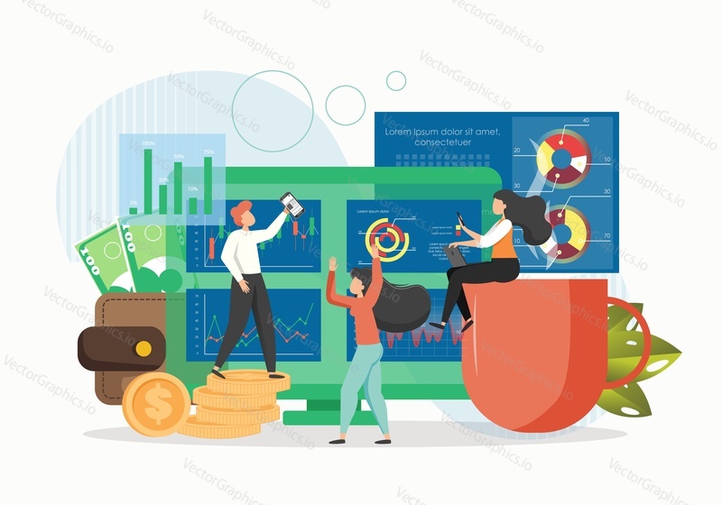 Stock market and trading concept flat vector illustration. Computer screen, board with stock market data and successful business people happy traders, gold coins.