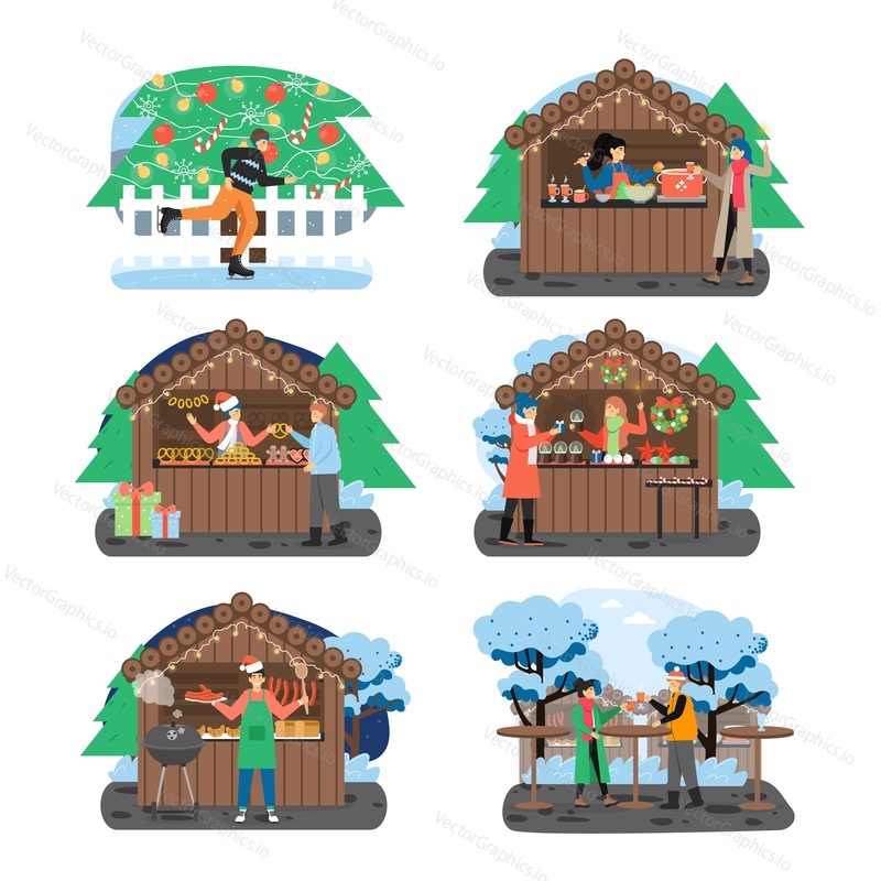 Christmas fair set, flat vector illustration. Winter street market stalls with mulled wine, grilled food, christmas gifts, gingerbread biscuits. People ice skating, visiting New Year fair, having fun.
