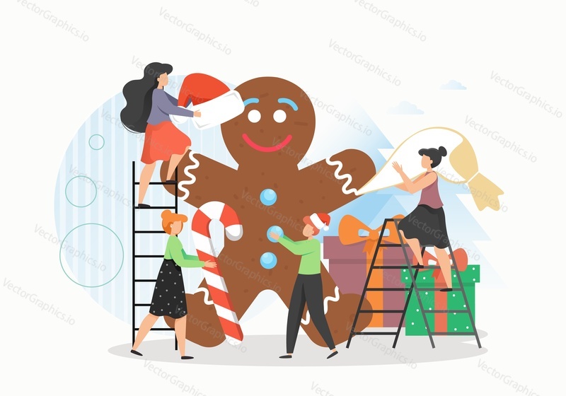 Tiny male and female characters making giant gingerbread man, flat vector illustration. Traditional gingerbread biscuits and cookies for Merry Christmas and New Year holidays celebration.