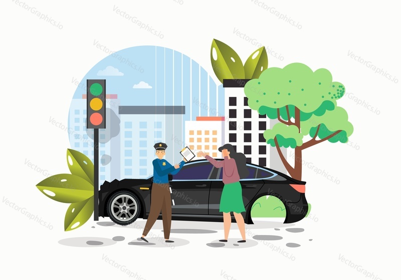 Car accident on the road, flat vector illustration. Police officer talking to female driver that crashed her car into traffic light.