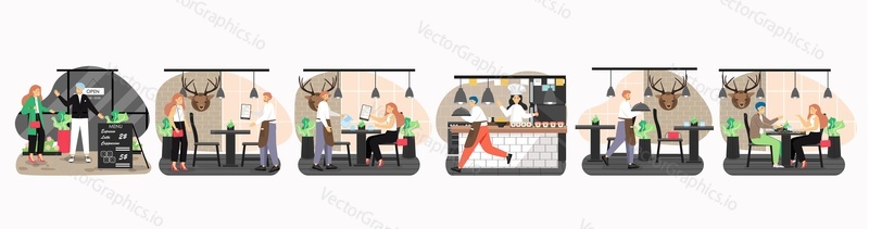 Restaurant scene set, flat vector isolated illustration. Happy male and female characters, visitors, restaurant kitchen chef, waiter. Japanese cuisine. Romantic date dinner. Coffee shop.