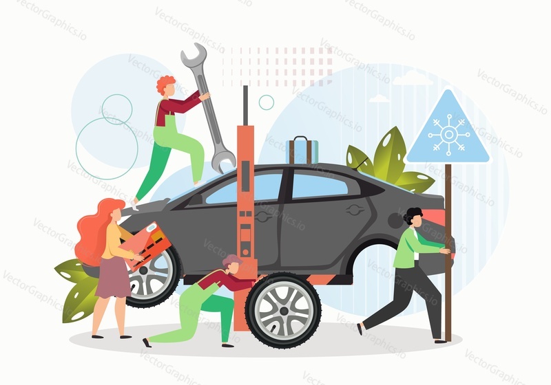 Tire change and car repair services. Mechanic, technician cartoon characters replacing winter tires, flat vector illustration. Tyre repair and maintenance. Car workshop.