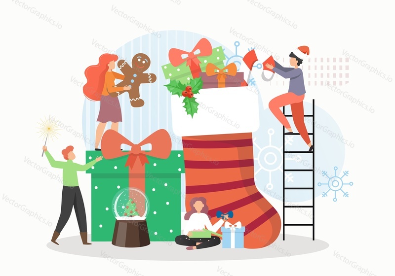 Tiny male and female characters preparing traditional Christmas presents, flat vector illustration. Happy people packing gift boxes, gingerbread cookie, candy cane into giant Christmas sock.
