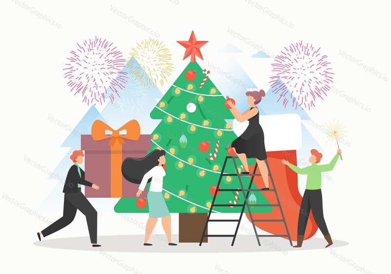 Tiny office people decorating giant Christmas tree and preparing gifts to put them under the tree, flat vector illustration. Preparation for Merry Christmas and New Year holidays party celebration.