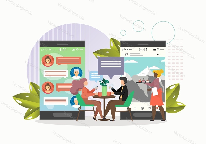 People chatting, messaging using mobile phones sitting in cafe, flat vector illustration. Social media and smartphone addiction. Social network online communication.