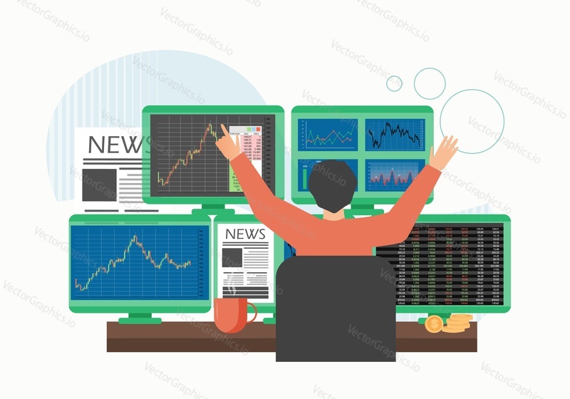 Successful businessman, trader looking at computer monitors while sitting at trader desk with raised hands, flat vector illustration. Stock market, investment and trading.