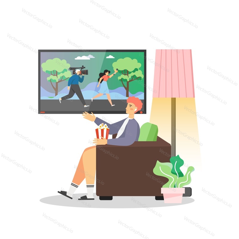 Policy news, vector flat illustration. Man watching television daily news program while sitting in armchair and eating popcorn. The latest and breaking news on policy, live report.