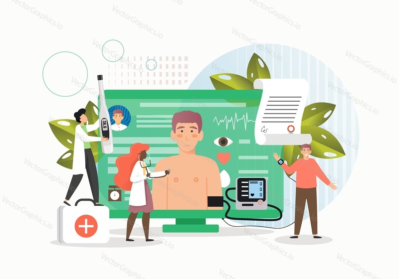 Tiny doctor characters examining male patient on computer screen, flat vector illustration. Online medical consultation, advice, online diagnosis and prescription medicine, telemedicine.