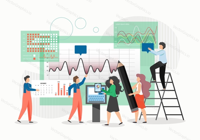 Office people, analysts building dashboard, analyzing statistics and charts, flat vector illustration. Data analysis. Data analytics agency.