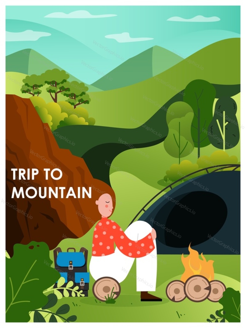 Trip to mountains poster, banner template. Happy woman sitting by campfire in forest, flat vector illustration. Summer vacation, hiking, camping. Explore nature, mountains, woods.