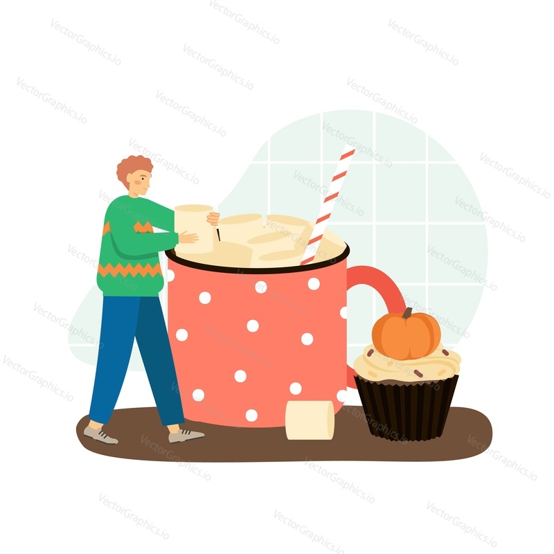 Marshmallow drink and cupcake with small pumpkin on a top. Autumn season hot drink concept vector illustration. Marshmallow sweet.
