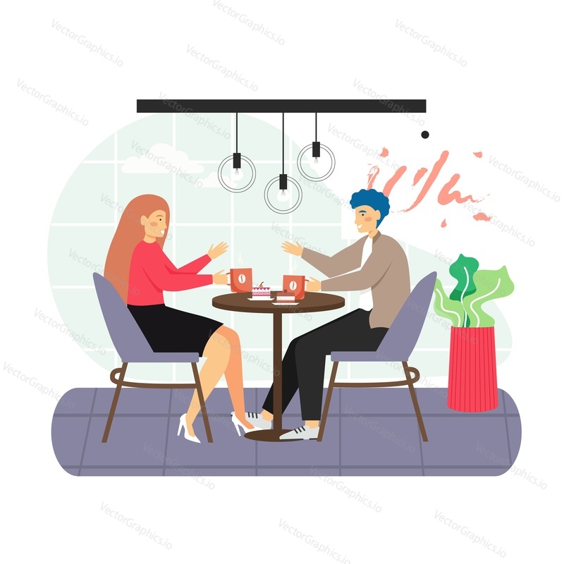 Coffee shop scene. Happy man and woman drinking coffee, talking to each other sitting at table, flat vector illustration. Romantic couple in love having date. Coffeehouse, cafe interior.