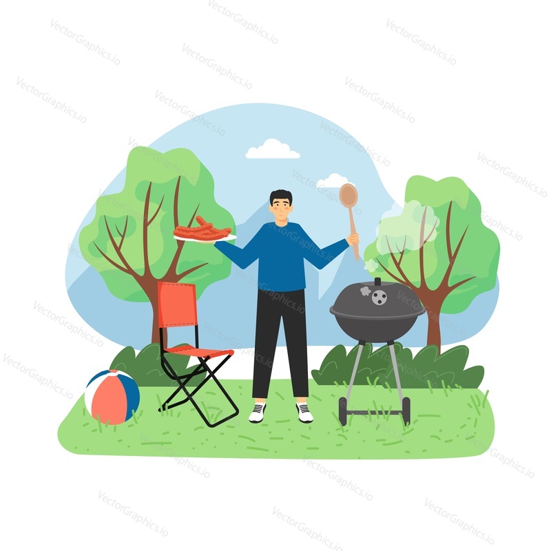 Summer bbq scene. Happy man cartoon character holding plate with tasty grilled sausages, flat vector illustration. Barbecue food, cookout, outdoor picnic, bbq party.