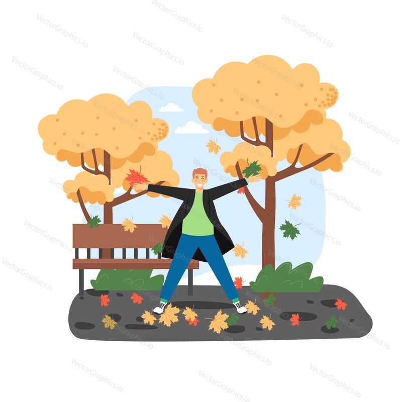 Happy man plays with autumn leaves. Fall season concept vector illustration. Autumn tree in a park.