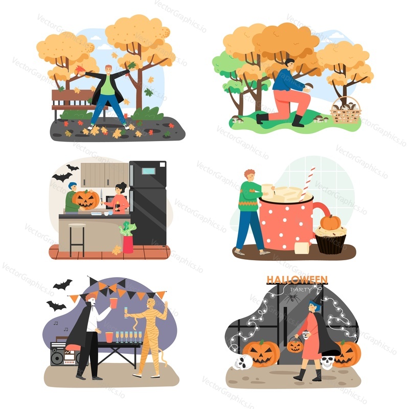 Autumn season holidays and outdoor activities concepts. Vector illustration set of halloween party, marshmallow drink cup, autumn activities.