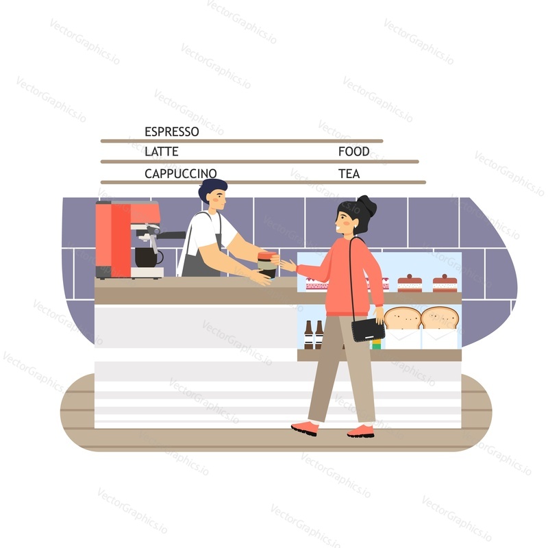 Coffee shop scene. Barista and visitor at bar counter, flat vector illustration. Happy woman buying coffee to go in her reusable cup. Coffeehouse, cafe interior.