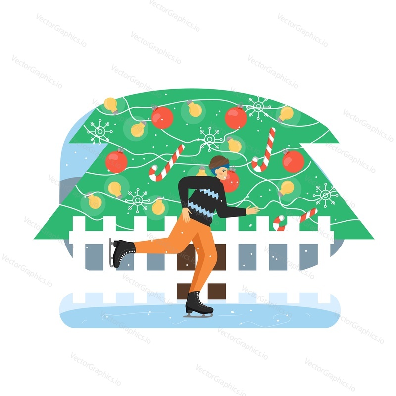 Merry Christmas scene. City Christmas tree with ice rink, flat vector illustration. Young man ice skating. Happy New Year. Winter holidays celebration.