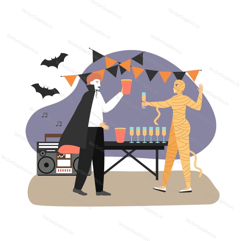 Halloween party at the office. People in halloween costumes dancing and drinking. Group of friends celebrate traditional festival concept vector illustration.