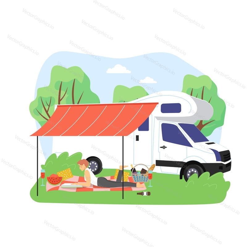 Summer bbq scene. Young woman reading magazine lying on blanket next to camper van, flat vector illustration. Girl traveling by motorhome. Summer holiday camp, bbq party.