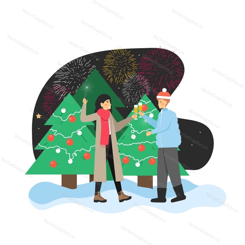 Happy New Year scene. Couple celebrating New Year with champagne and sparklers near city Christmas tree and enjoying fireworks, flat vector illustration. Winter holidays celebration.