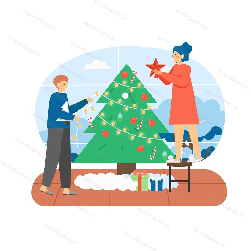 Merry Christmas scene. Happy couple decorating Christmas tree with toys and garland, flat vector illustration. Happy New Year. Winter holidays celebration.