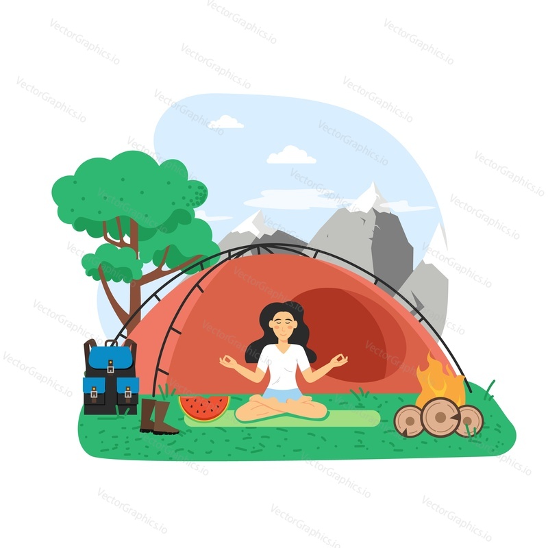 Summer bbq scene. Happy woman meditating sitting in lotus yoga position by the campfire and tent, flat vector illustration. Young girl relaxing outdoors and having bbq party. Summer holiday camp.