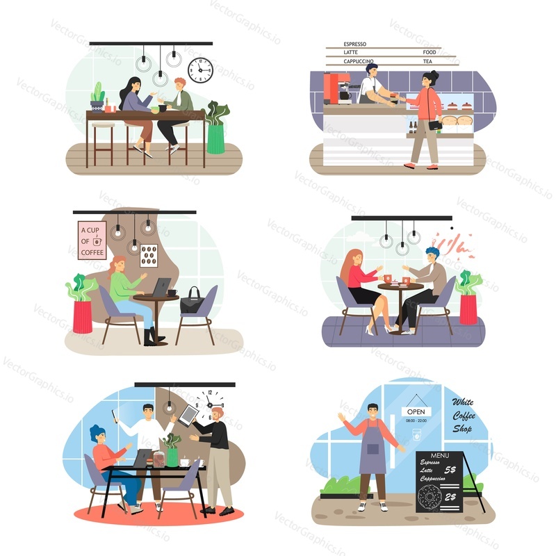 Coffee shop scene set, flat vector isolated illustration. People working on laptop, dating, meeting and talking to each other, drinking coffee sitting at tables, bar counter, buying coffee to go.