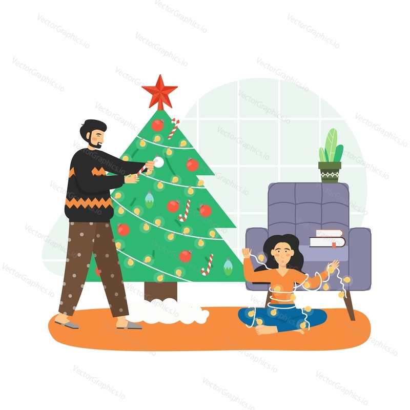 Merry Christmas scene. Happy couple decorating Christmas tree and having fun at home, flat vector illustration. Husband decorating his wife with garland. Happy New Year. Winter holidays celebration.