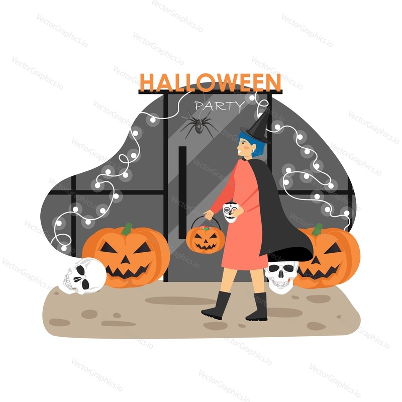 Woman in witch halloween costume going to night club. Halloween party celebration. Vector illustration. Pumpkin decoration.