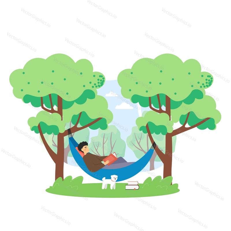 Summer bbq scene. Man lying in hammock and reading book in the park, flat vector illustration. Summer outdoor picnic, bbq party.