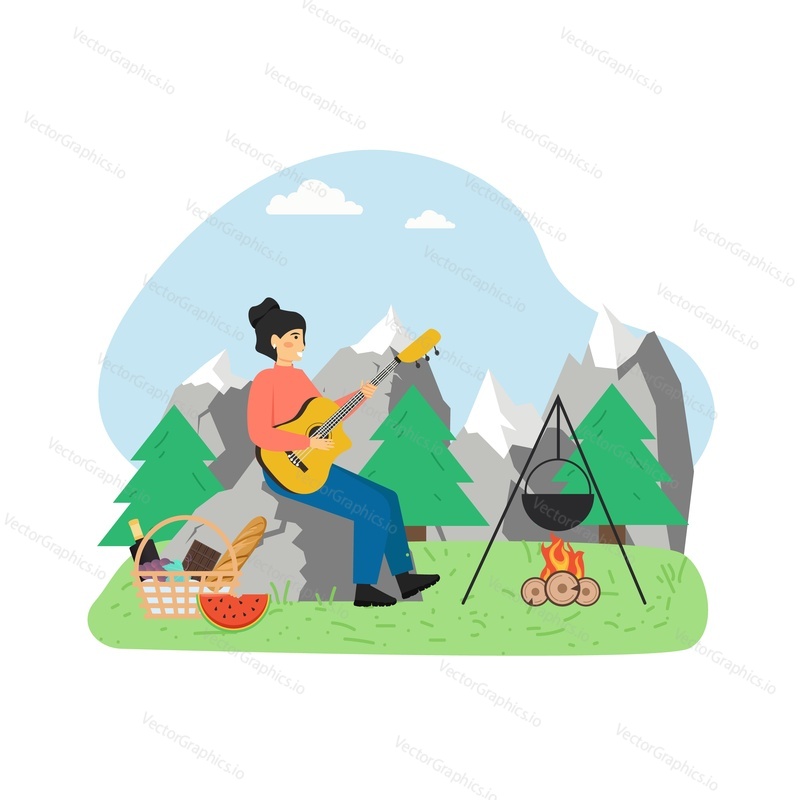 Summer bbq scene. Woman playing guitar sitting at campfire, flat vector illustration. Picnic basket. Cooking food over fire, outdoor picnic, cookout, bbq party.