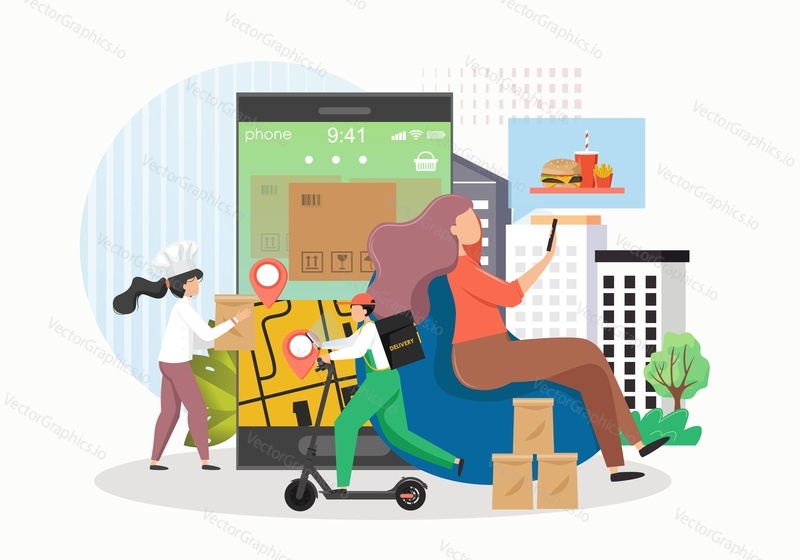 Giant smartphone, tiny characters chef with food bag, courier with delivery bag, girl making order using mobile, flat vector illustration. Online ordering and delivery. Online purchases tracking app.