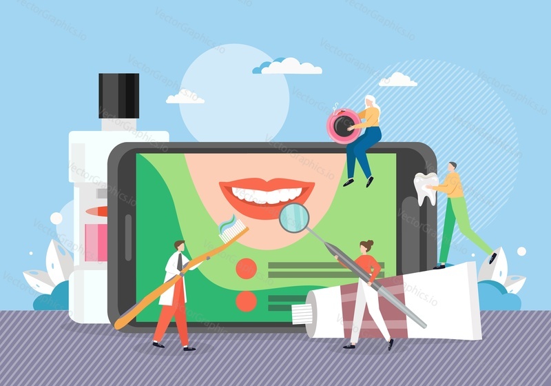 Giant mobile phone with dental app. Tiny doctors dentists examining and brushing woman teeth on smartphone screen, flat vector illustration. Online dental consultation, advice. Digital oral health.