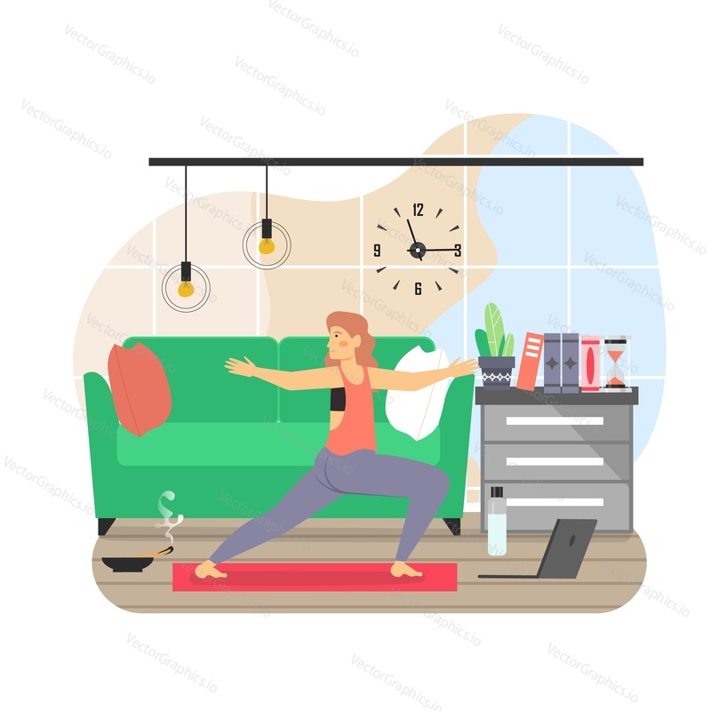 Daily life. Young woman doing yoga exercises, flat vector illustration. Daily routine, everyday activities. Sport, fitness online. Home yoga. Active and healthy lifestyle.