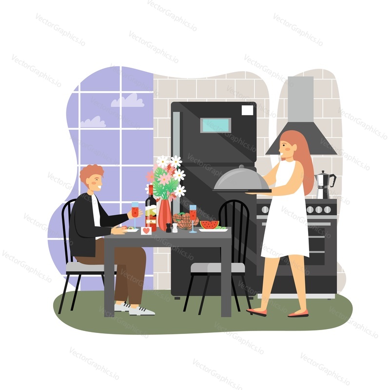 Happy couple in love having dinner at home, flat vector illustration. Young girl serving dish platter she prepared for her boyfriend sitting at table in kitchen. Love and romance. Romantic date.