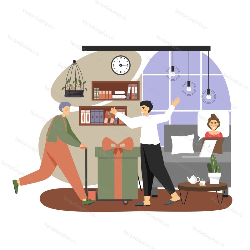Young girl sending present online for her boyfriend staying at home in quarantine, flat vector illustration. Happy man receiving giant gift box from his girlfriend. Online gift delivery service.