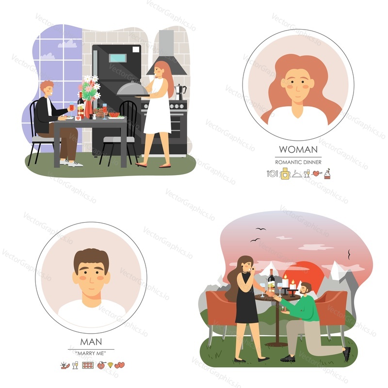 Romantic date and marriage proposal scene set, flat vector illustration. Man kneeling making marriage proposal to woman in restaurant. Happy couple having romantic dinner at home. Love and romance