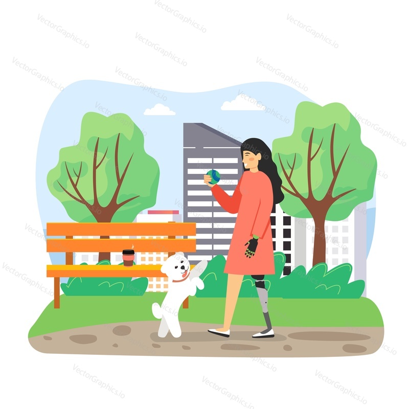 Disabled girl playing outdoor games with pet dog, flat vector illustration. Young woman with prosthetic leg and arm walking with puppy in city park. Medical rehabilitation. Disabled person lifestyle.
