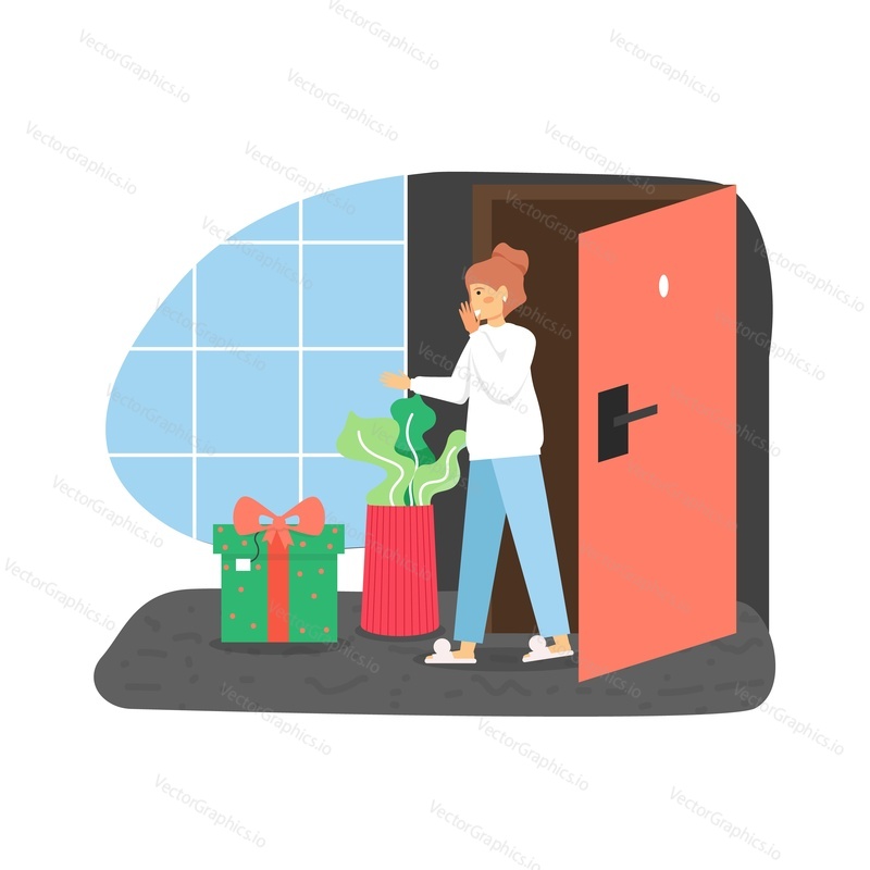 Happy girl is surprised with gift box at the front door, flat vector illustration. Young woman receiving present to the door. Gift delivery service.
