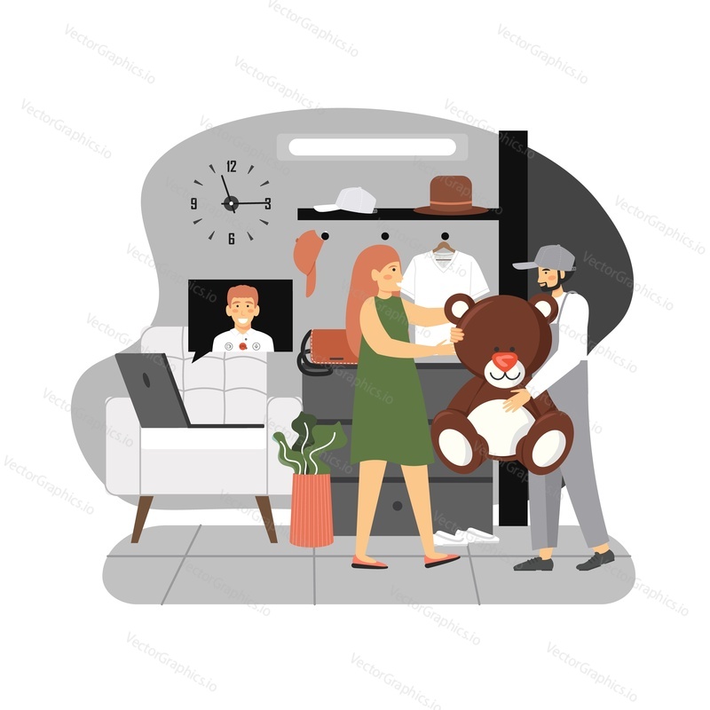 Young man sending present online for his girlfriend staying at home in quarantine, flat vector illustration. Happy woman receiving teddy bear gift from her boyfriend. Online gift delivery service.